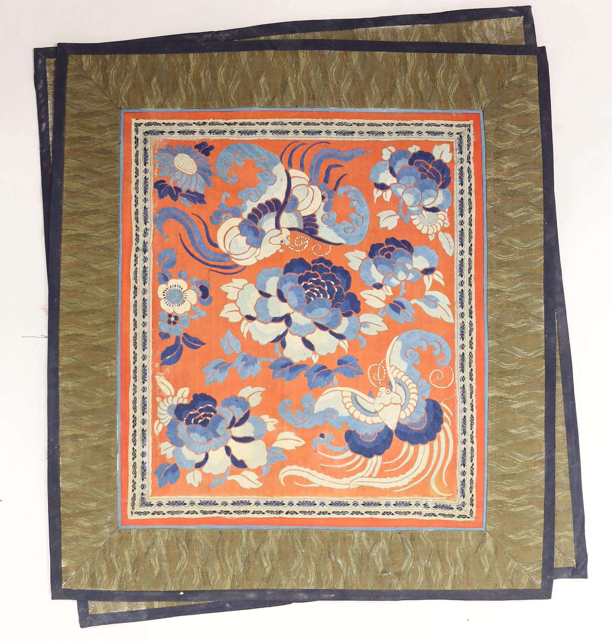 Nine Chinese silk embroidered panels, framed with silk damask borders, circa 20th century, largest 37cm x 41cm
